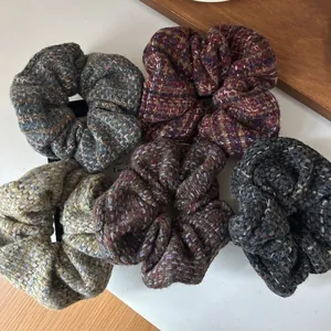 Vintage Tweed Knit Scrunchies For Women Korean Style Plaid Thick Hair Tie Autumn Winter Large Elastic Ponytail Holder