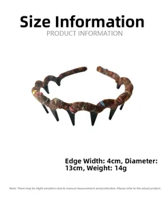 Detailed size chart of the brown knit wavy headband with dimensions and non-slip teeth