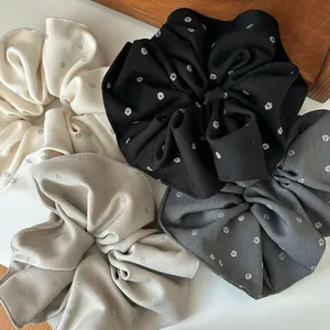 Grand Chouchou en Tissu Vintage Avec Pois Argentés Brillants Haute Élasticité Accessoires de Coiffure Oversize