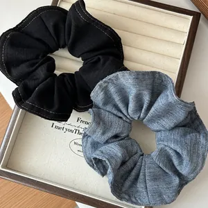 Chouchou en Tissu Texture Denim Style Coréen Avec Coutures Contrastées Élastique à Cheveux Couleur Unie Femme Fille