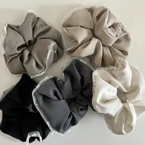 Detailed set of 5 sheer lace scrunchies with pearls in beige, khaki and grey tones
