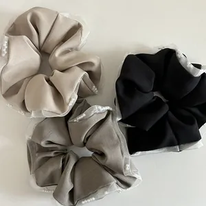 Three-piece lace hair scrunchies set with faux pearls in beige, grey and black