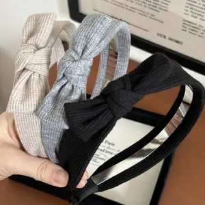 Set di 3 cerchietti in maglia a coste con fiocco nei colori beige, grigio e nero