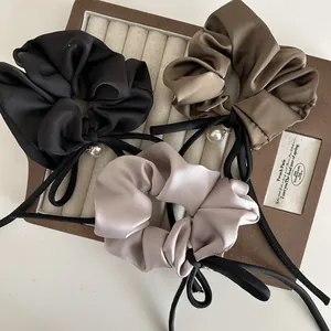 Elegante Satin Haargummis Mit Schleifenband Und Künstlicher Künstliche Perle Französischer Stil Elastische Zopfgummi Damen Haarschmuck
