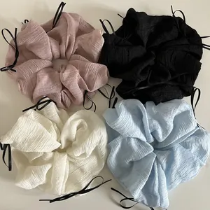 Oversized Pleated Fabric Scrunchie With Black Ribbon Bow Elegant Sweet Hair Tie For Women Daily Dating Party Hair Accessory