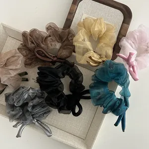 French Vintage Organza Mesh Scrunchies With Satin Bow Elegant Large Pleated Hair Ties Solid Color Elastic Ponytail Holder Women