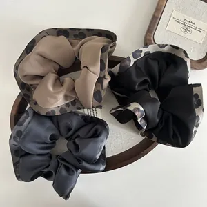 Retro leopard print satin scrunchie set in brown black and grey with ruffled edges