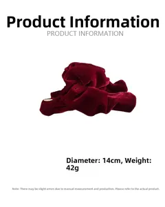 Detailed view of dark red velvet hair scrunchie showing 14cm diameter and 42g weight
