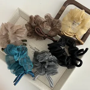 Elegant organza bow scrunchies set in six versatile colors for women's hair styling