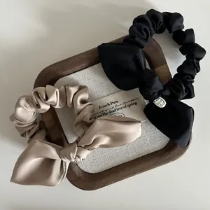 Elegant French Vintage Satin Bowknot Hair Scrunchies With Metal Tag High Elastic Hair Bands For Women Daily Hair Accessories
