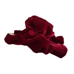 French vintage dark red velvet hair claw clip with elegant pleated fabric and gold metal detail