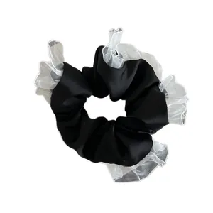 French vintage style black satin scrunchie with white pleated lace organza trim