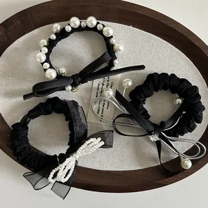 Elastico per Capelli Fatto a Mano Elegante in Raso Nero con Fiocco e Perle Sintetiche Stile Coreano Accessorio per Donna
