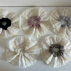 Oversized Double Layer Ruffle Scrunchie Balletcore Large Fabric Hair Tie With Gold Metal Label Elegant Hair Accessories For Women