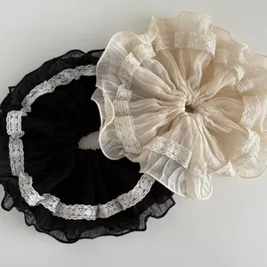 Lace pleated scrunchie set in black and cream beige with delicate floral embroidery