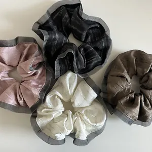 Elegant Pleated Satin Fabric Scrunchies With Mesh Lace Edge High Elastic Hair Ties For Women Vintage Aesthetic Hair Accessories