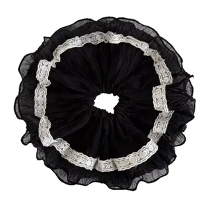 Elegant large black pleated mesh scrunchie with white floral lace trim hair accessory