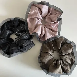 Metallic fabric scrunchies with mesh trim in black, light pink and bronze brown set