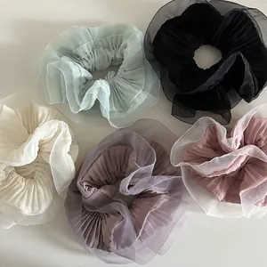 Korean Style Oversized Pleated Organza Scrunchie With Ruffle Edge Sweet Temperament Mesh Fabric Hair Tie For Women Hair Accessories