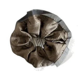 Lustrous brown satin hair scrunchie with grey mesh lace overlay and elegant pleats