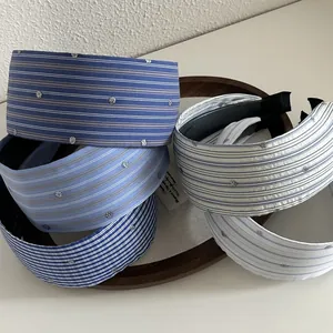 Minimalist blue striped fabric headbands with sparkling rhinestones in five classic styles