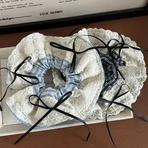 Vintage Blue Striped Lace Scrunchies Large Cloth Hair Tie With Black Ribbon Bow French Style Hair Accessories For Women Daily