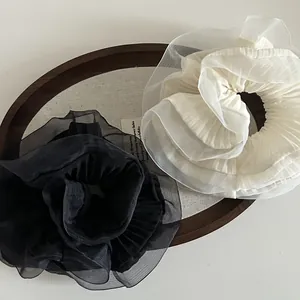 Oversized ruffled organza hair scrunchie set in black and cream beige colors