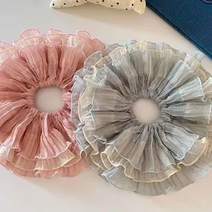 Oversized chiffon scrunchie set with pleats and lace in pink purple and grey blue colors