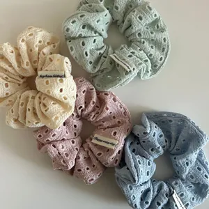 Hollow Out Eyelet Fabric Scrunchie Large Hair Tie For Women Girls Sweet Pastel Color Ponytail Holder Soft Cloth Hair Accessory