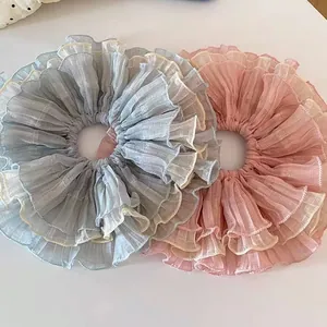 Oversized chiffon scrunchies in blue and pink with layered ruffles for women hair