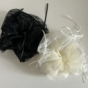 French style organza lace scrunchies with long ribbons in black and cream white colors