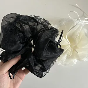French organza scrunchies with lace trim and ribbon bow in black and white colors