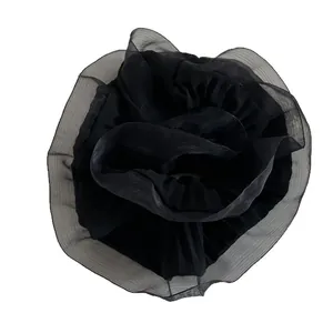 Elegant black pleated organza hair scrunchie with a sweet layered floral design