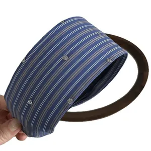 Blue striped wide headband with sparkling silver rhinestones and stylish fabric texture