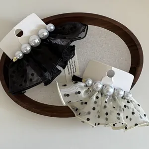 Barrette Cheveux Française en Résille à Pois avec Nœud et Künstliche Perles d'imitation Élégante Grande Barrette pour Femme Bijoux
