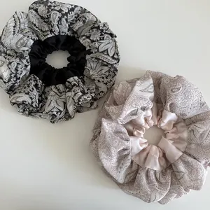 Oversized paisley floral satin scrunchies set in black and pink ballet style for women