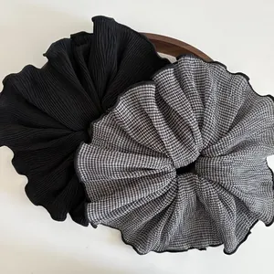 Retro plaid and black chiffon oversized scrunchies set with pleated texture details