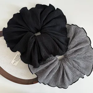 Set of large vintage plaid and black pleated chiffon scrunchies for hair styling