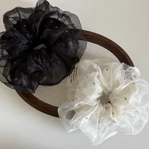 Lot de chouchous élégants en organza à pois avec design volumineux noir et blanc