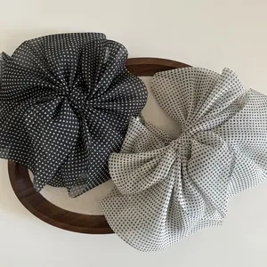 Vintage Large Mesh Polka Dot Bow Hair Claw Clip With Faux Artificial Pearl Elegant Fabric Ribbon Hairclip Hair Accessory For Women Daily