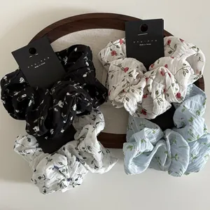 French Style Floral Cloth Scrunchies For Women Korean Sweet Seersucker Textured Large Hair Ties Vintage Floral Hair Accessories For Daily Dating