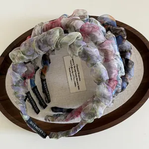 Lot de 3 serre-têtes en mousseline florale avec maille plissée aux tons pastel vintage