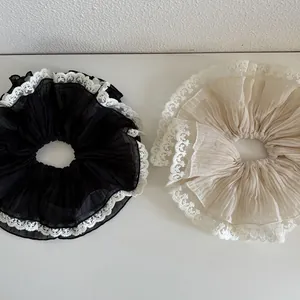 Oversized Pleated Chiffon Scrunchie White Lace Edge Retro Hair Ring Gentle Hair Ties Women Elegant Daily Styling Hair Accessories