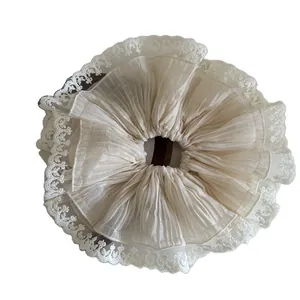 Beige oversized pleated chiffon scrunchie with crochet lace trim for high ponytails