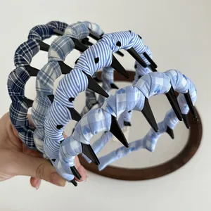 Korean Style Blue White Plaid Striped Heart Patterned Non-Slip Headband With Teeth Fabric Wrapped Hair Hoop For Women Daily Hair Accessories