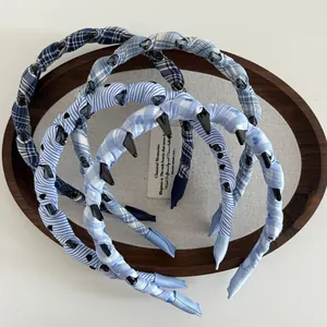 Blue plaid and striped wave headbands with teeth combs for high cranial top style