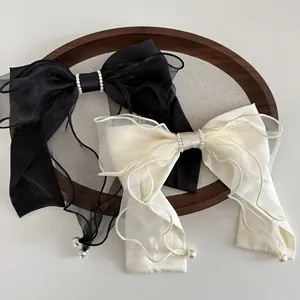 French Style Oversized Bow Hair Clip With Organza Satin Ribbon Faux Artificial Pearl Tassel Spring Clip Elegant Wedding Party Hair Accessories For Women