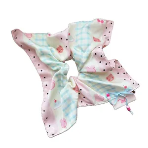 Sweet striped scrunchie with cute bear print and light blue bow ribbon for women