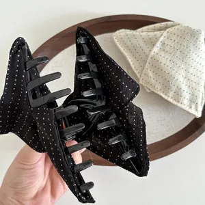French style black and white polka dot bow hair claw clip for elegant hairstyles