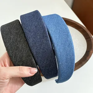 Three-piece denim fabric headbands in black and blue shades with a wide-edge vintage design